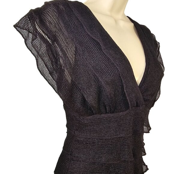 Max Studio Tiered Ruffle Little Black Dress Deep V Neck Flutter Sleeve Womens S - Picture 3 of 9